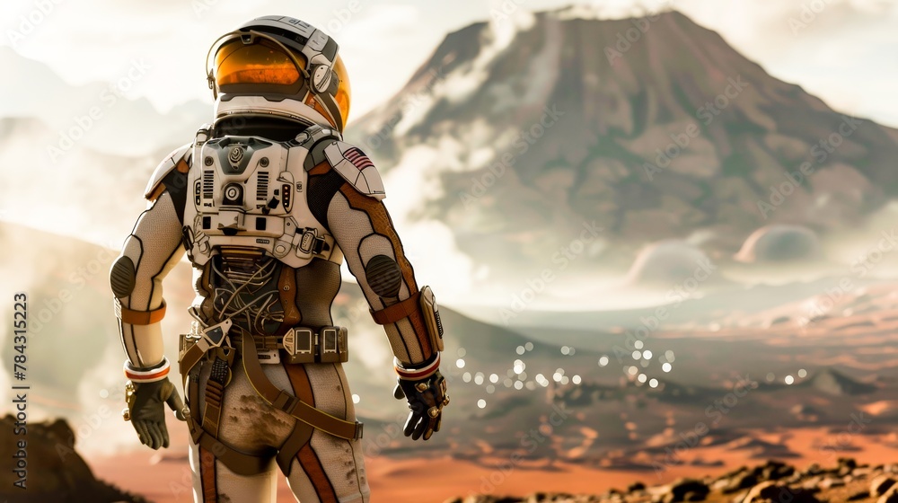 An astronaut exploring the rugged Martian landscape, with a backdrop of ...
