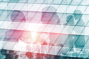 Wall Mural - double exposure image of faded business abstract background with office building and people conferen