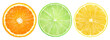 round slice of orange, lime and lemon on white isolated background