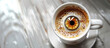 Hot coffee espresso with eye on light background. Copy space. Top view
