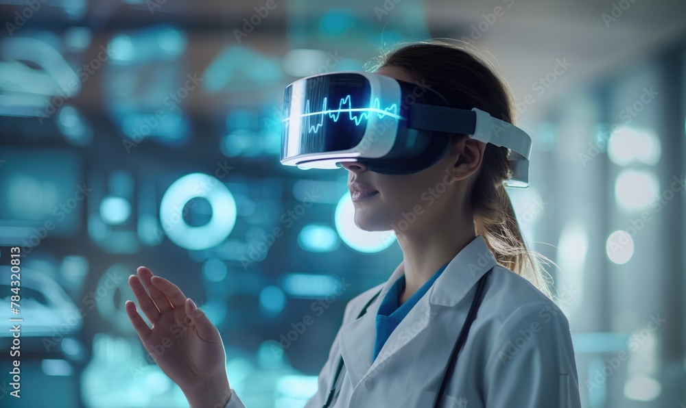 Young female doctor studying at intern practice using futuristic VR ...
