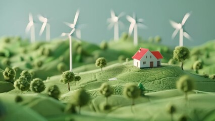 Wall Mural - Miniature landscape of green grass, trees and wind turbines on the hillside, eco concept background.