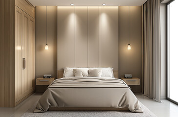 Minimalist bedroom with light wood cabinets and beige walls