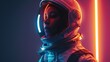 Astronaut woman figure in space suit in surrounded by glowing neon lights. Science fiction scene.
