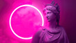 Antique sculpture of a woman against the background of pink neon backlight. Modern art, neoclassical style.