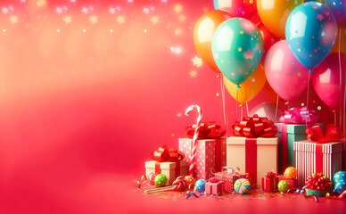 3d style Birthday party composition bright colors with red background, generative ai