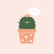 Cute blooming round cactus with a laughing face in a flower pot. Spiny desert plants at home. Cartoon vector illustration for the design of cards, books, posters, textiles for children.