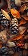 Pine cone among fall foliage, close up, detailed texture, warm hues 