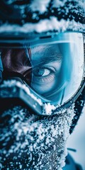 Poster - frost on goggles, close up, skierâ€™s eyes, determination, cold blue tint