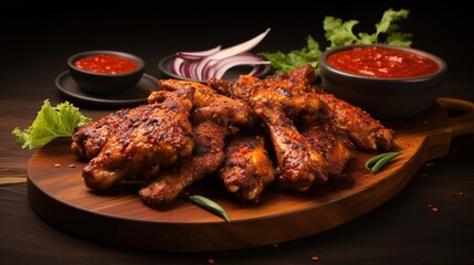 Wall Mural - Grilled chicken wings with spicy chili sauce on wooden plate.