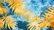 Tropical yellow palm leaves in the water on a blue background with a place to copy text. The concept of recreation, tourism and sea travel.