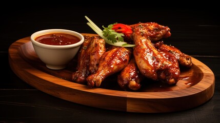 Wall Mural - Grilled chicken wings with spicy chili sauce on wooden plate.