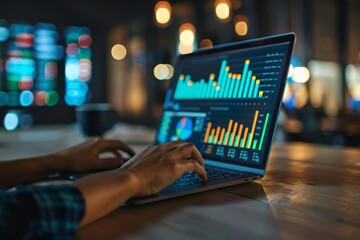 Poster - Hands on a laptop keyboard analyzing complex financial charts and graphs, signifying data analysis and economic trends