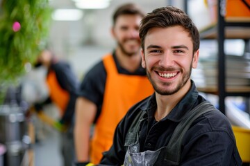 A cheerful young man in work attire flashes a bright smile with a colleague in the background