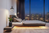 Fototapeta Na sufit - Urban bedroom with soft lighting and striking night skyline view. Modern comfort concept. 3D Rendering