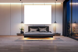 Fototapeta Kosmos - Spacious bedroom with centered artwork frame and cityscape view. Modern living and art concept. 3D Rendering