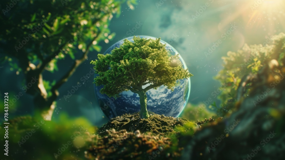Environment Planet World environment day text with a full view of planet earth and nature ...