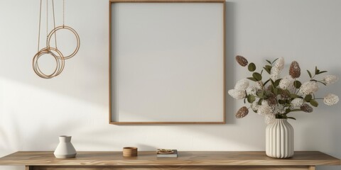 Sticker - Mock up frame in home interior background, white room with natural wooden furniture, 3d render, 3d illustration 