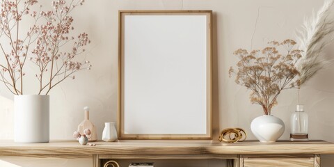 Sticker - Mock up frame in home interior background, white room with natural wooden furniture, 3d render, 3d illustration 