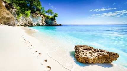 Wall Mural - Footprints in the soft, white sand leading to a secluded cove, where the water sparkles with a thousand shades of blue.