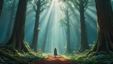 A Lone Figure Walks Down A Mystical Forest Path, Bathed In The Ethereal Light Streaming Through The Towering Ancient Trees.