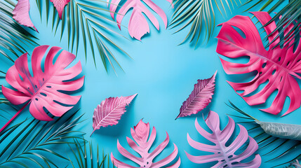 Tropical bright colorful background with exotic painted tropical palm leaves. Minimal fashion summer concept. Flat lay.