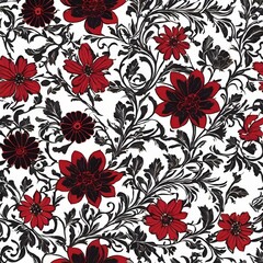 Poster - AI generated illustration of floral wallpaper with red flowers on white and black background