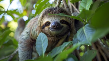 Sticker - a three - toed sloth is hanging from the branches of a tree