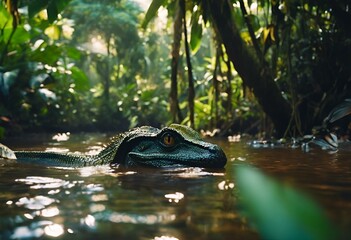 Wall Mural - AI generated illustration of a crocodile swims in a river amid lush vegetation