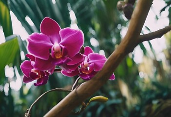 Canvas Print - AI generated illustration of pink flowers on a branch in lush jungle setting