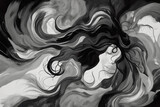 Fototapeta  - A black and white surreal illustration of a woman depicting anxiety, depression or heavy burden.
