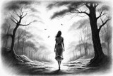 Fototapeta  - A black and white illustration of a woman with a white dress walking in a eerie woods, depicting anxiety, depression or heavy burden.