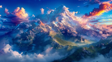 Wall Mural - AI generated illustration of the serene beauty of snow-capped mountains, lush valleys