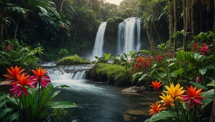 Wall Mural - an open river with tropical plants and water falls in the background