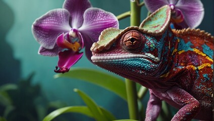 Poster - a lizard with colorful fur on its back and purple orchid in background