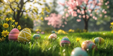 Wall Mural - an array of colorful decorated easter eggs in the grass of a tree