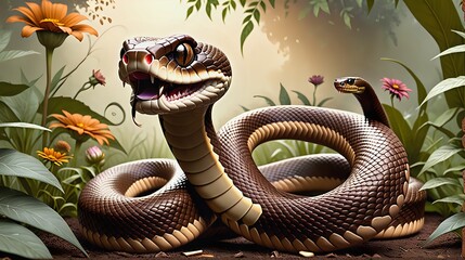 Wall Mural - two large brown snakes are laying in the middle of the grass