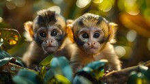 AI Generated Illustration Of Two Infant Monkeys Perched Among Foliage In The Wilderness