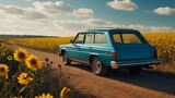 Fototapeta  - the old station wagon is parked on a dirt road in front of sunflowers