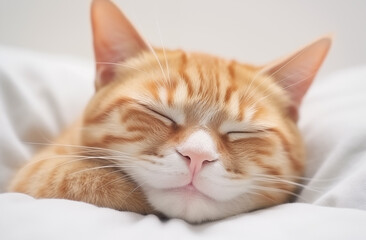 Wall Mural - Ginger cat peacefully asleep on a white pillow and cozy blanket, AI-generated.