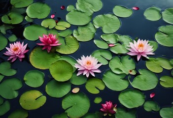 Sticker - the beautiful pink waterlilies grow in the pond among many green lillies