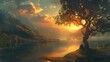 AI illustration of a serene lake at sunset with a lone tree on the shore