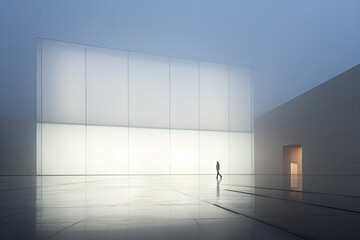 Poster - A group of people are walking around a building with a lot of windows