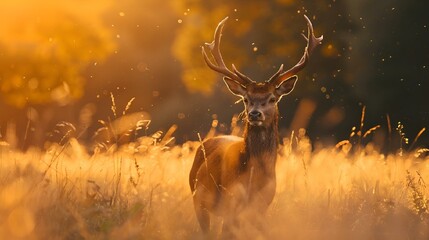 Wall Mural - AI generated illustration of a deer in tall grass, making eye contact with the camera