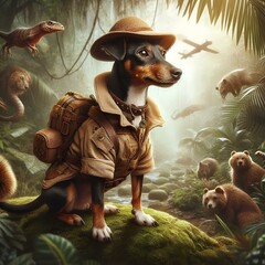 Canvas Print - AI-generated illustration of A dog in a hat on a vibrant green field