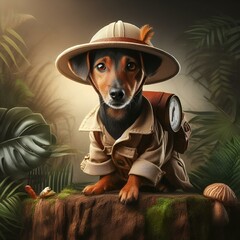 Canvas Print - AI-generated illustration of A dog in a hat on a vibrant green field