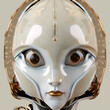 AI generated illustration of the striking head of a female alien hybrid in luxury attire