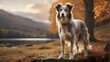 {A photorealistic image of a Silken Windhound dog standing gracefully in a natural outdoor setting. The dog should be depicted with silky fur, capturing its elegant and slender build. The background s
