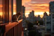 AI generated illustration of a cat perched on a windowsill gazes outside at sunset
