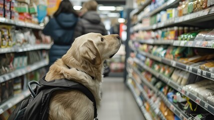 Canvas Print - a dog sitting in front of shelves filled with food and snacks